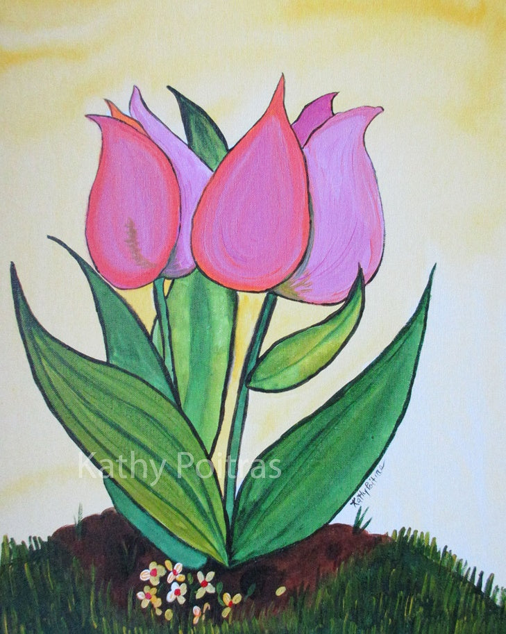 Pink Beauties, folk art painting of two pink tulips. – Original Painting & Bamboo Prints-Art Cards