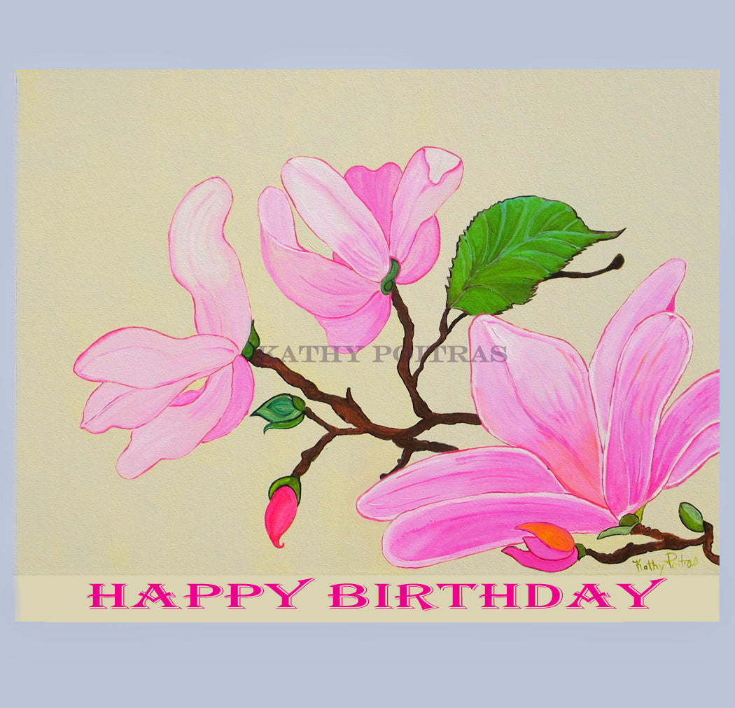 Hand Made XL Display Art Card , signed print of artist's acrylic painting. Pink Magnolia Flowers