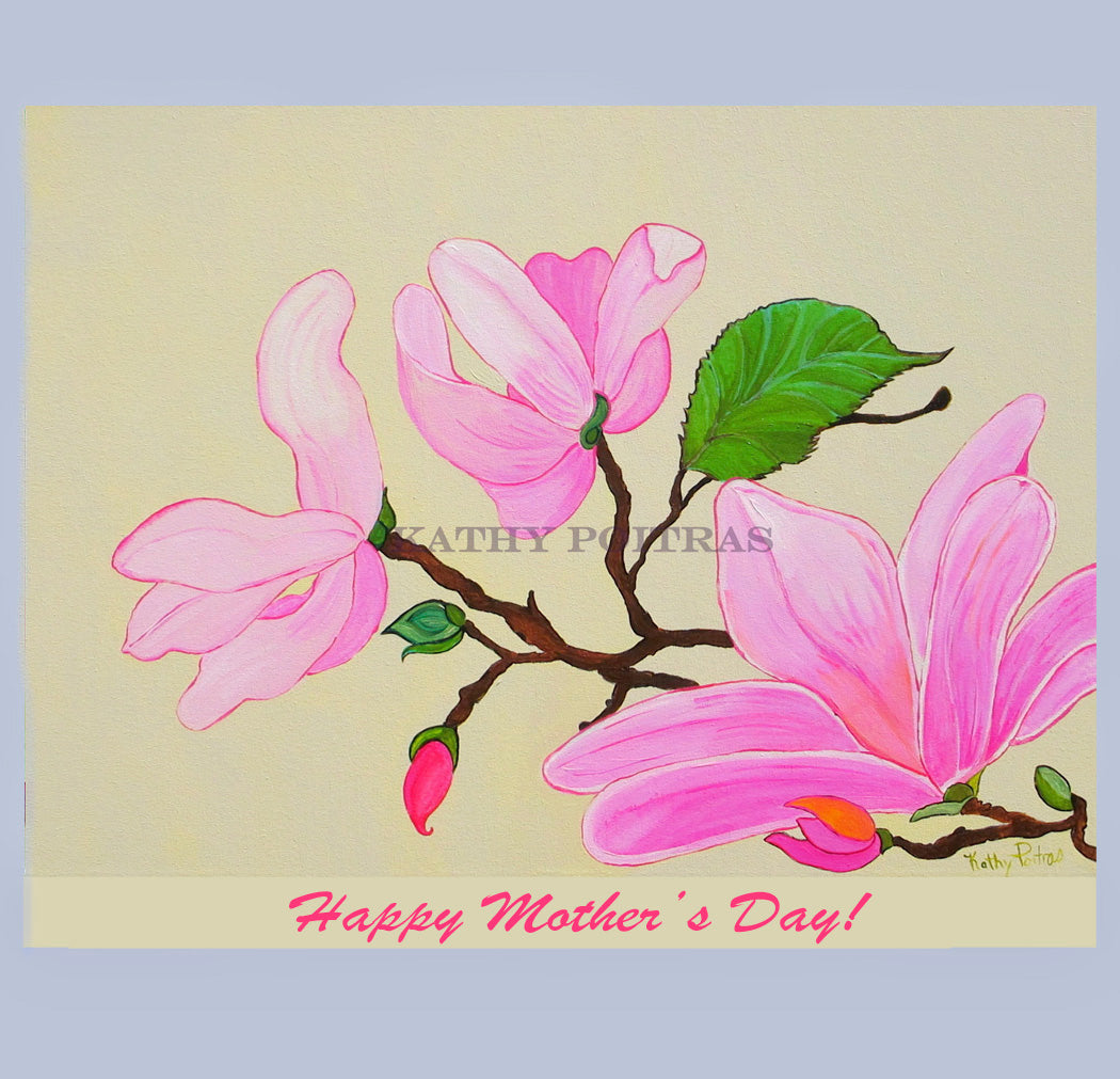 Hand Made XL Display Art Card , signed print of artist's acrylic painting. Pink Magnolia Flowers