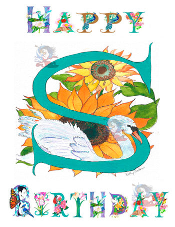 Personalized Birthday Card Letter S, featuring a Swan and Sunflowers
