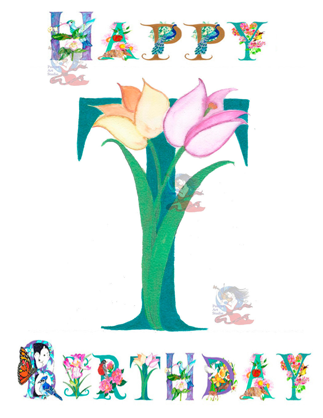 Personalized Birthday Card Letter T, featuring Tulips