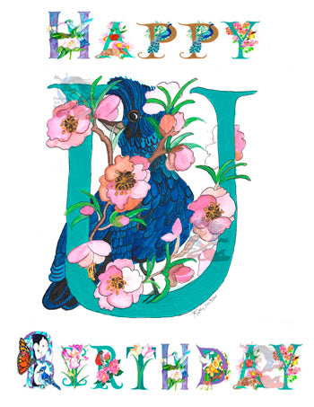 Personalized Birthday Card Letter U, featuring the Umbrella Bird and Ume flowers.