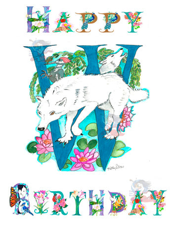 personalized Birthday Card Letter Letter W featuring a Wolf, and Waterlilies. Each card is handmade from a photographic print of Kathy Poitras' original artwork and is uniquely and lovingly adorned with a subtle touch of glitter by our talented artist, adding a touch of sparkle to your loved one's special day.