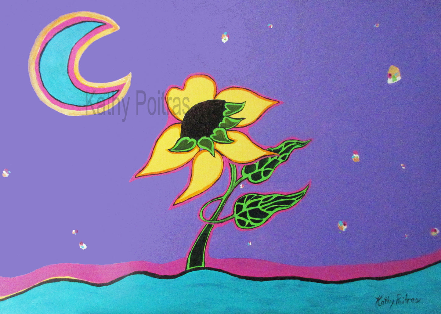 Blue Moon, Yellow Flower 24 x 36 acrylic painting on gallery canvas