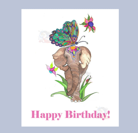 Hand Made Photographic Art Card/ Birthday Card Elephant and Butterfly