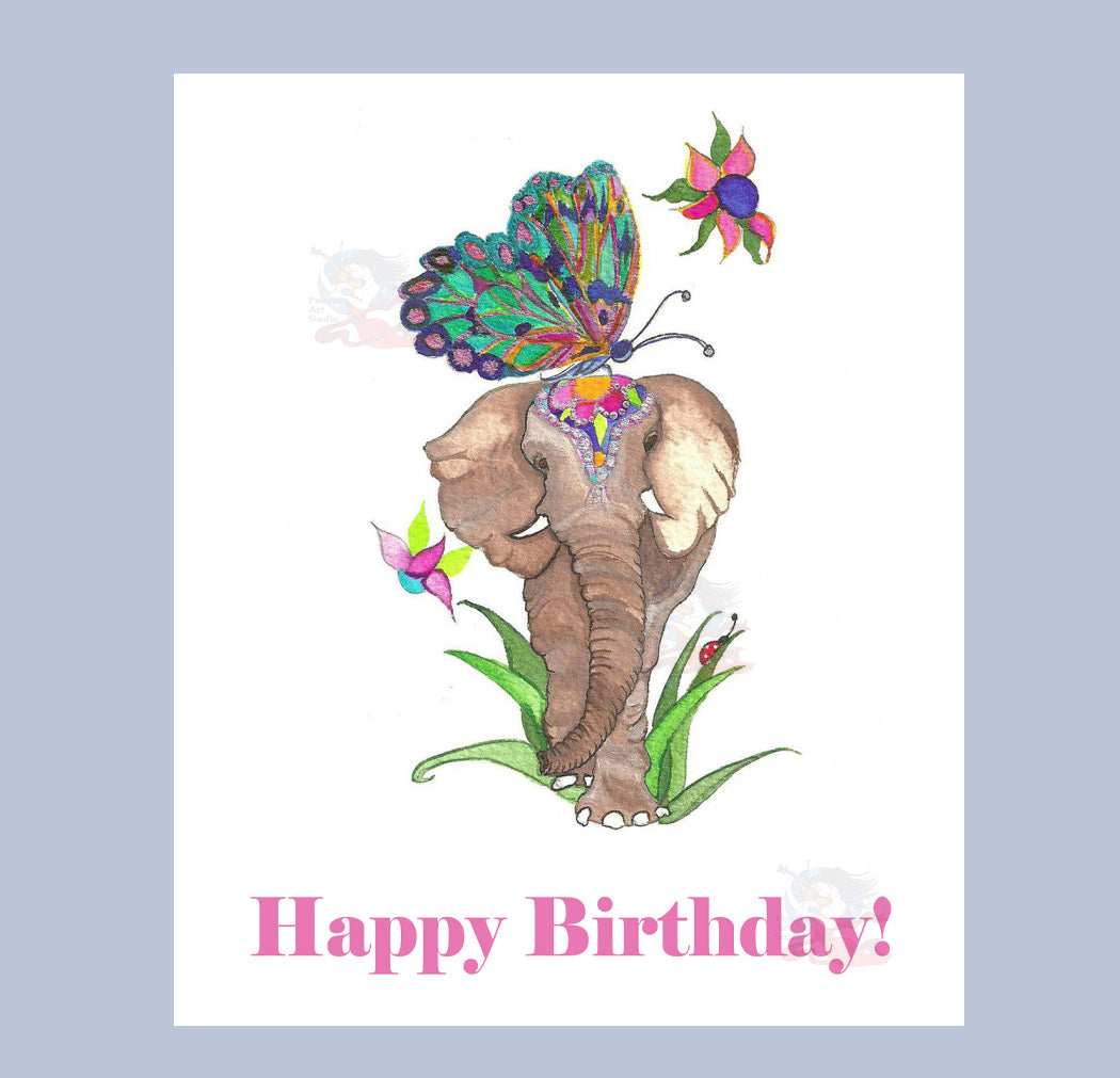 Hand Made XL Display Art Card or signed print  of artist's work, Elephant and Butterfly