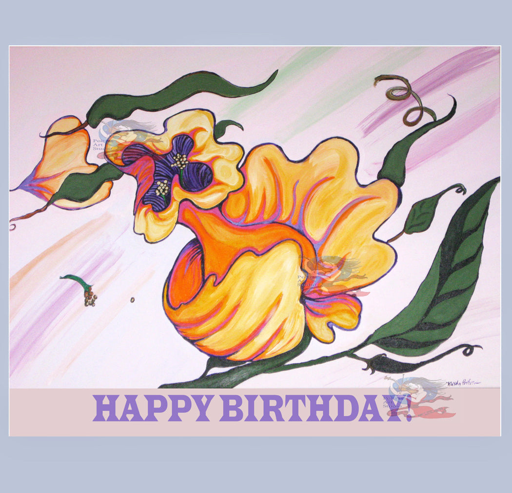 extra large display art card or signed print of artists work of a flower flying against the wind