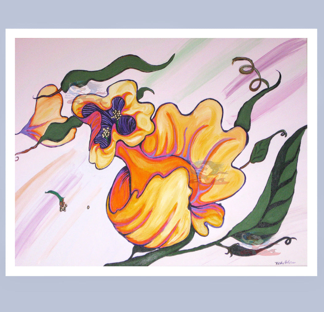 extra large display art card or signed print of artists work of a flower flying against the wind