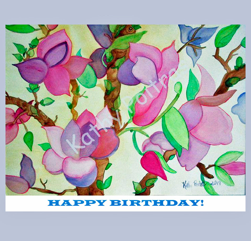Hand Made Birthday Art Card Pink Magnolia Tree