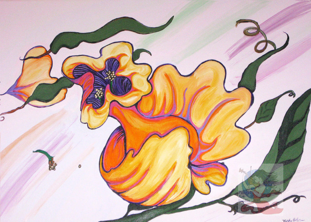 Hand Made Birthday Art Card "The Defiant One" A daffodil flies against the wind