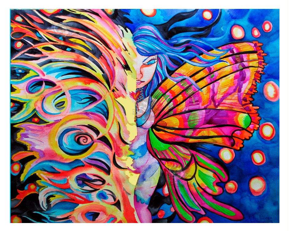 Collectorâs Edition 8.5 x 11 inch photographic print of âEmerging from the Storm,â a 22 x 30 inch watercolor, ink, and bead painting by Kathy Poitras. The artwork shows a fantastical figure with flowing blue hair and vibrant butterfly wings rising through swirling colors and glowing orbs.