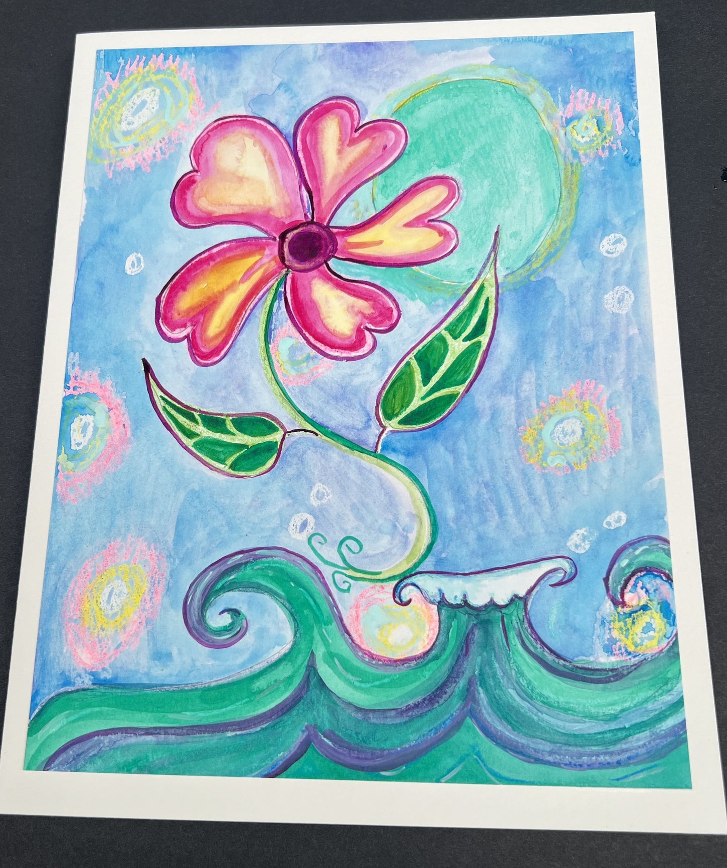 Flower above the wave watercolor, ink and crayon on 140 lb rag paper