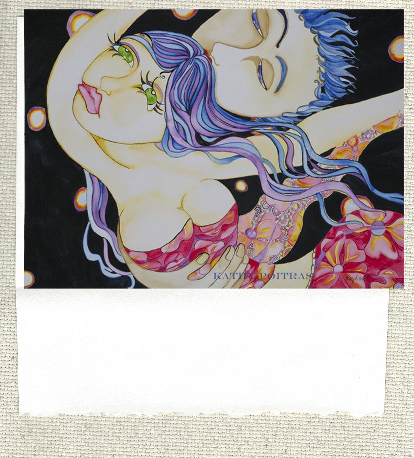 Painting of whimsical romantic couple flying and embracing