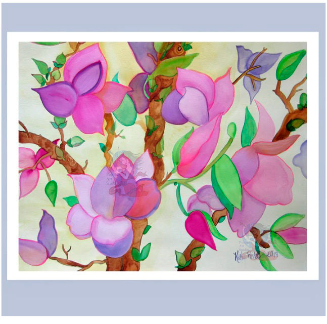 Hand Made Display Art Card Pink Magnolia Tree Blossoms