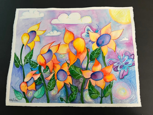 Fireflies in the garden. 16 x 20 inch mixed media painting on watercolor paper