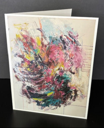Collector’s Edition 8.5 x 11 inch art card featuring a photographic print of ‘Fandango,’ a 30 x 40 inch acrylic painting on gallery canvas by Pamela Holl Hunt. The artwork shows bold, expressive abstract strokes in vibrant teal, purple, red, orange, and yellow