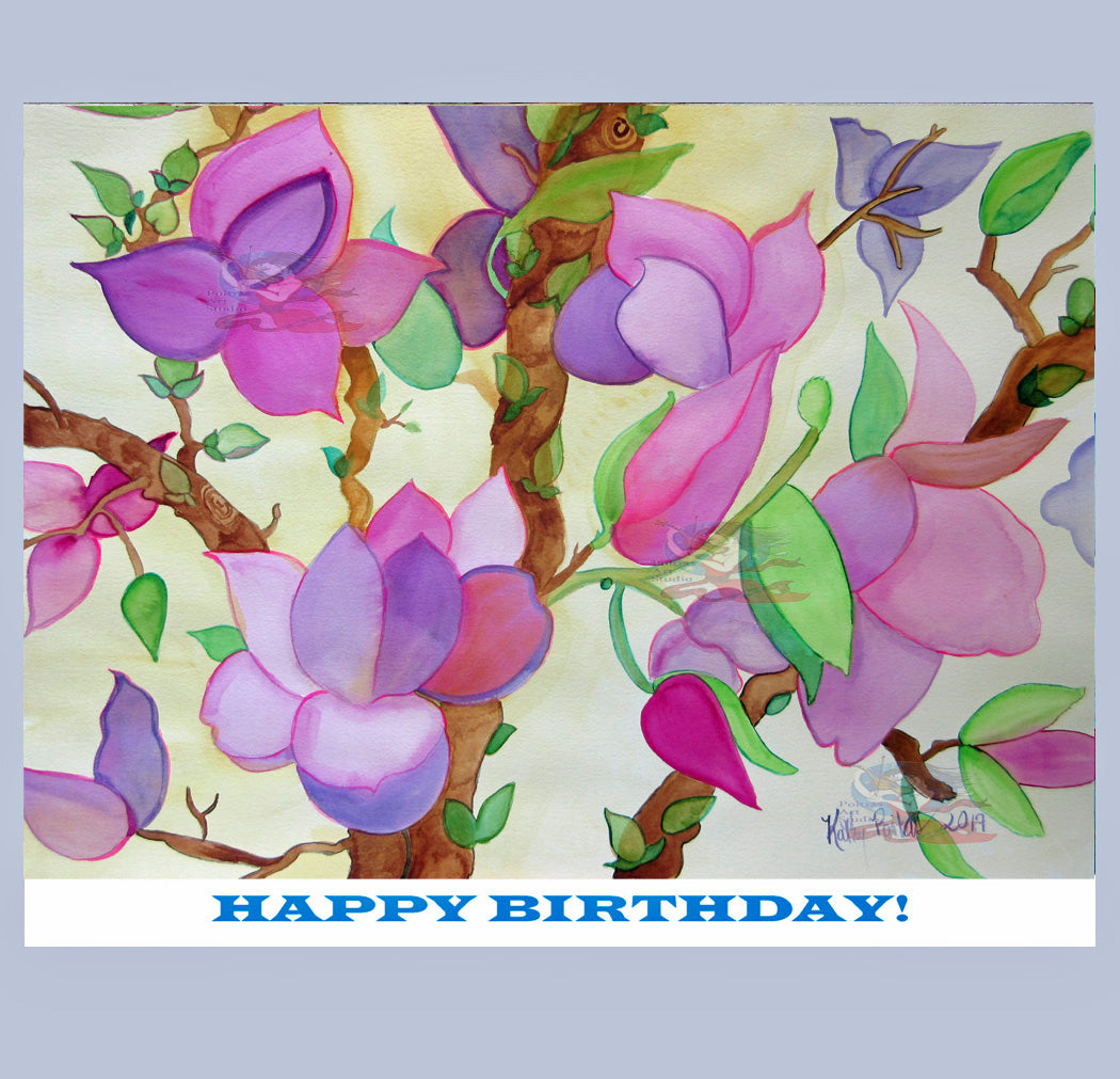 Hand Made Display Art Card Pink Magnolia Tree Blossoms