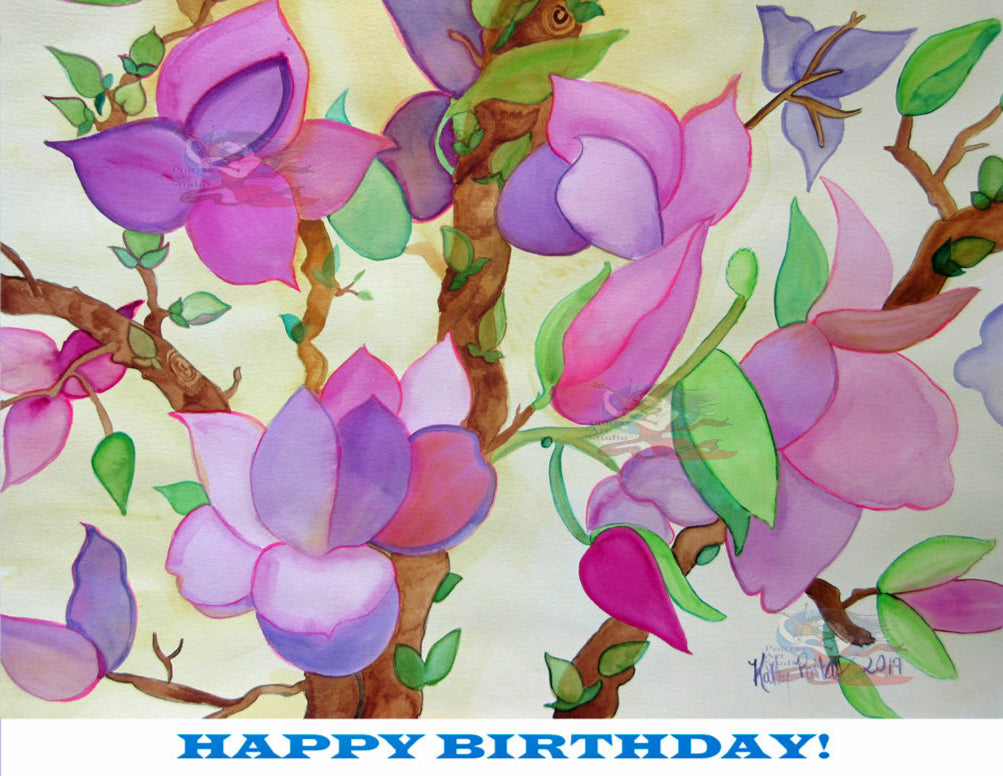 Hand Made Display Art Card Pink Magnolia Tree Blossoms