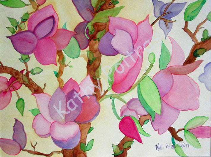 Hand Made Birthday Art Card Pink Magnolia Tree