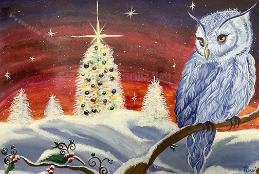 Priscilla's Owl and Christmas Tree Christmas Card
