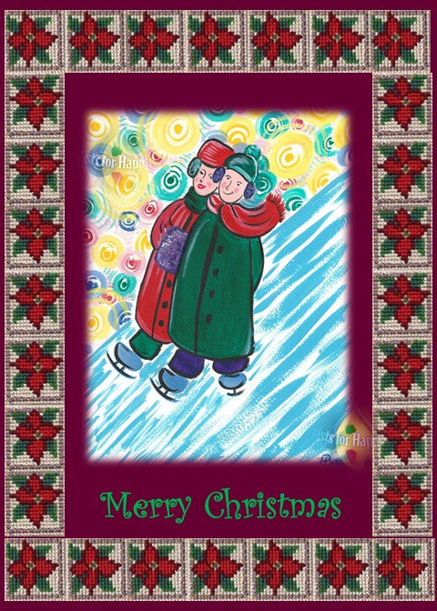 Photographic print of a Christmas card featuring two joyful people ice skating together, dressed in colorful winter coats, scarves, and earmuffs. The background swirls with vibrant colors and diagonal blue lines representing ice. A cross-stitch-style border of red poinsettias on a gray and green background frames the image. “Merry Christmas” is written in playful green lettering at the bottom.