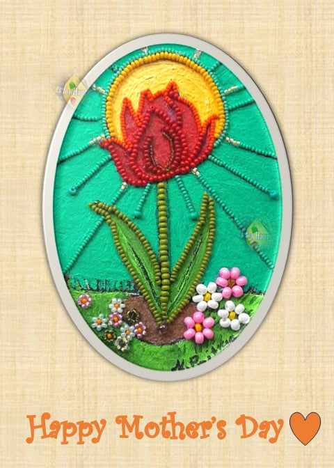 đŸŒ· Hand‑Beaded Tulip Art Card — Red Tulip and Sunshine