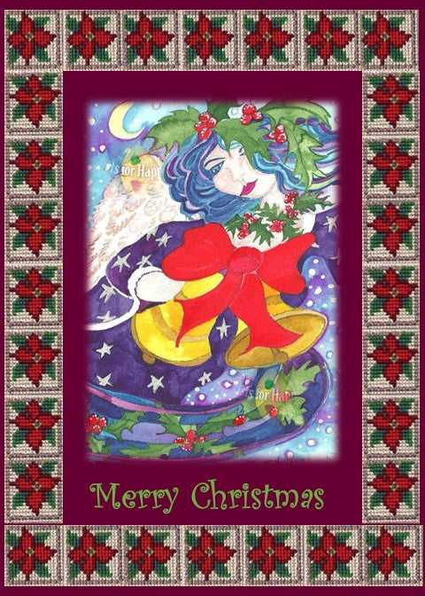 Festive Christmas card featuring a whimsical blue-haired angel with white wings, holding a golden bell tied with a red ribbon. The angel is surrounded by stars and a crescent moon in a purple night sky, with green holly and red berries in her hair. The illustration is framed by a cross-stitch-style border of red poinsettias on a green and beige background. At the bottom, “Merry Christmas” is written in bright green letters on a maroon banner.