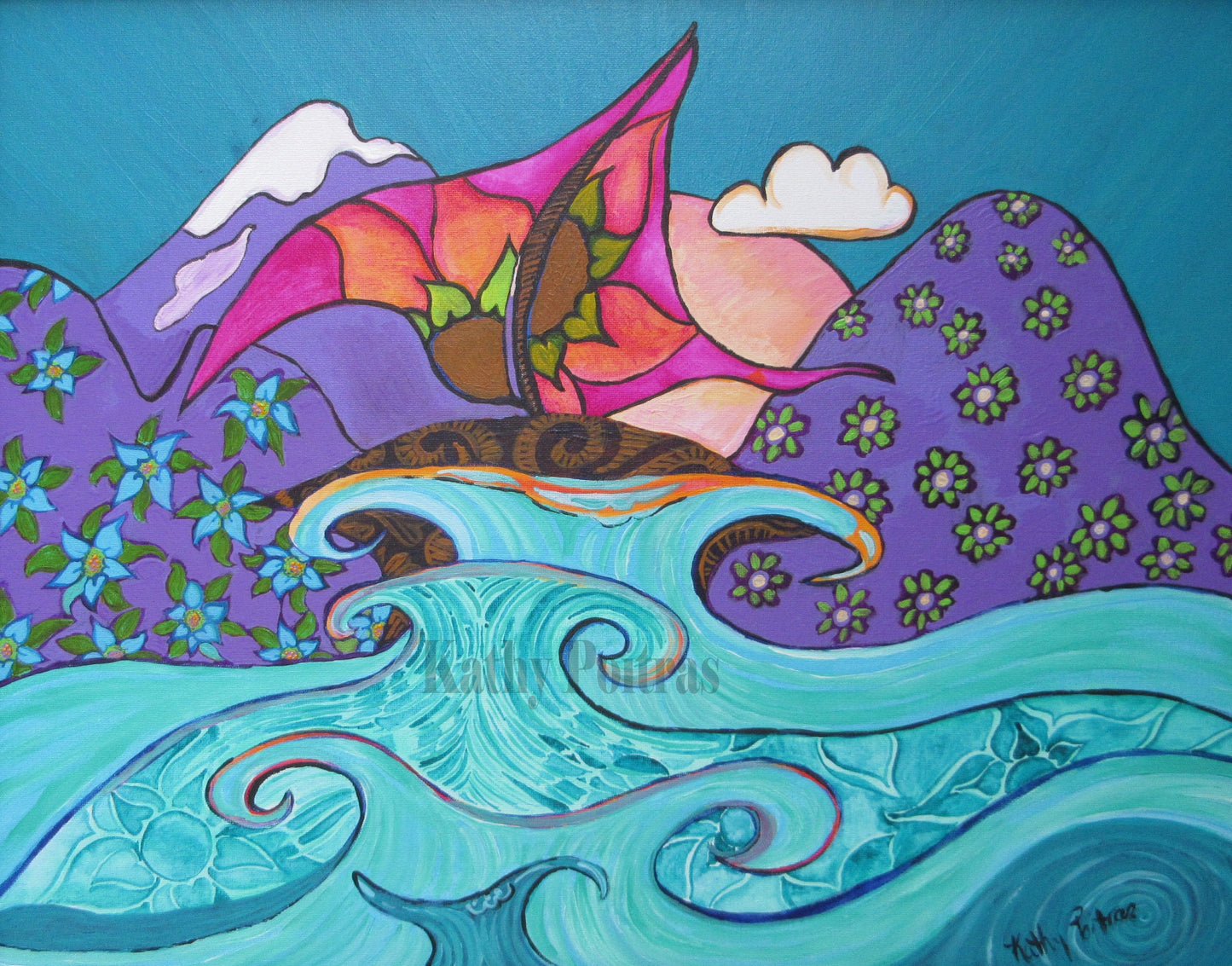 Stormy Waters  Whimsical Sail boat. Acrylic on canvas board