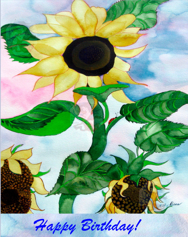 handmade photographic Birthday Card of watercolor painting of sunflowers by Canadian Artist Kathy Poitras