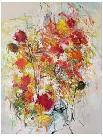 Collector’s Edition 8 x 10 inch photographic print of ‘Symphony in Scarlet,’ a 40 x 30 inch mixed media painting on gallery canvas by Pamela Holl Hunt. The artwork shows a vibrant abstract bouquet in red, orange, and yellow with expressive brushstrokes