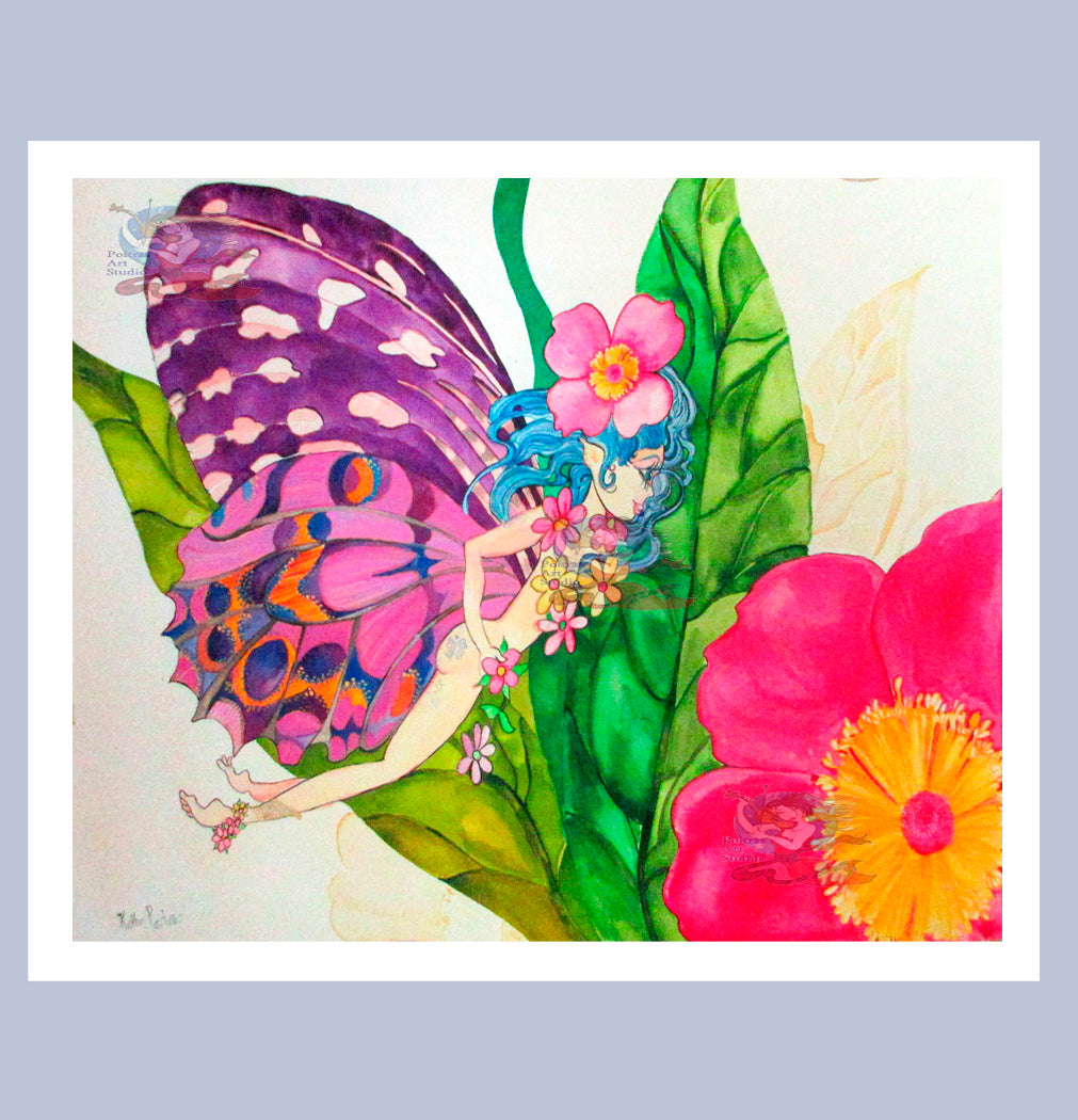 Hand Made Art Card or signed print of painting. Tiny Fairy and Wild Rose