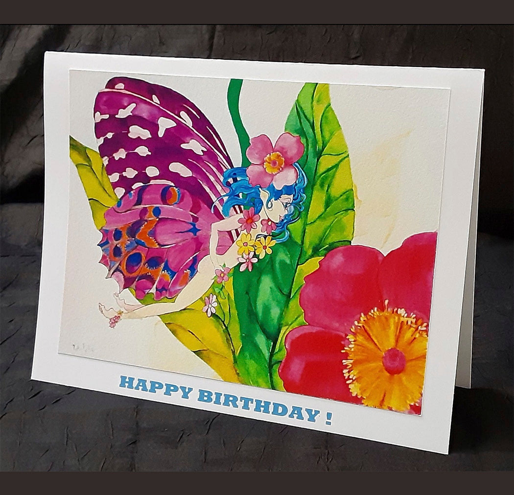 Hand Made Art Card or signed print of painting. Tiny Fairy and Wild Rose