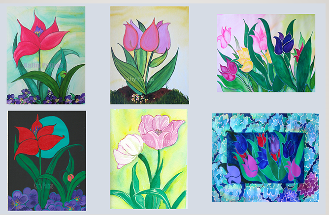 Pink Beauties, folk art painting of two pink tulips. – Original Painting & Bamboo Prints-Art Cards