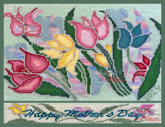 Photographic Print of  cross stitch  Tulips by artist Kathy Poitras. With cross stitch Happy Mother's Day Message