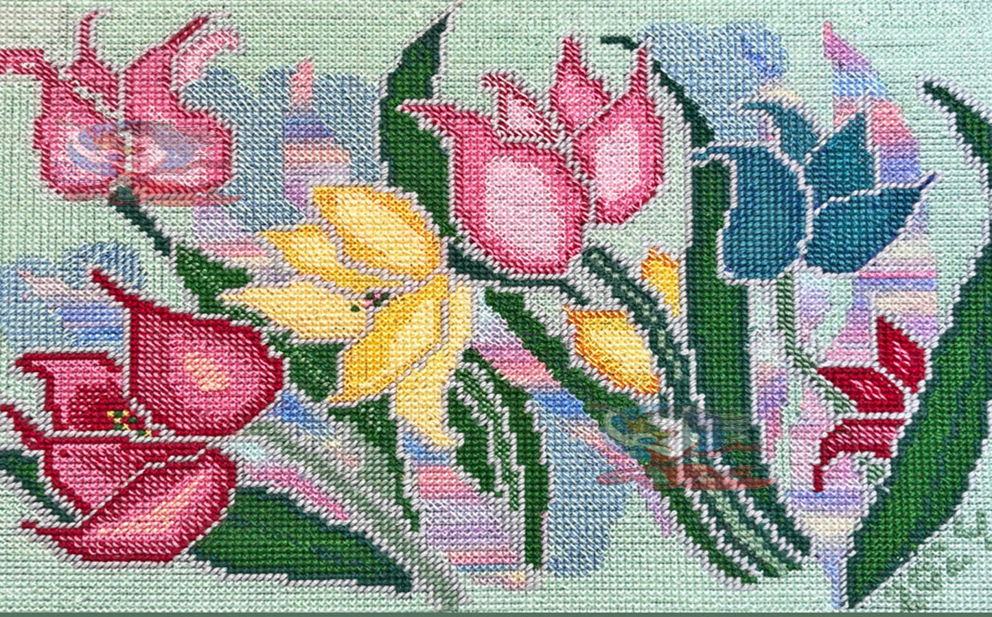 original art cross stitch tapestry tulips by Kathy Poitras