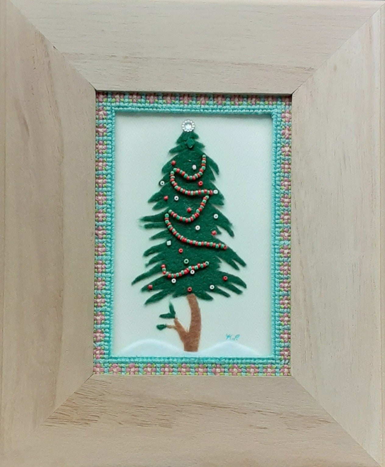 Felt Christmas Tree with beaded garland. Cross stitch mat and wooden frame