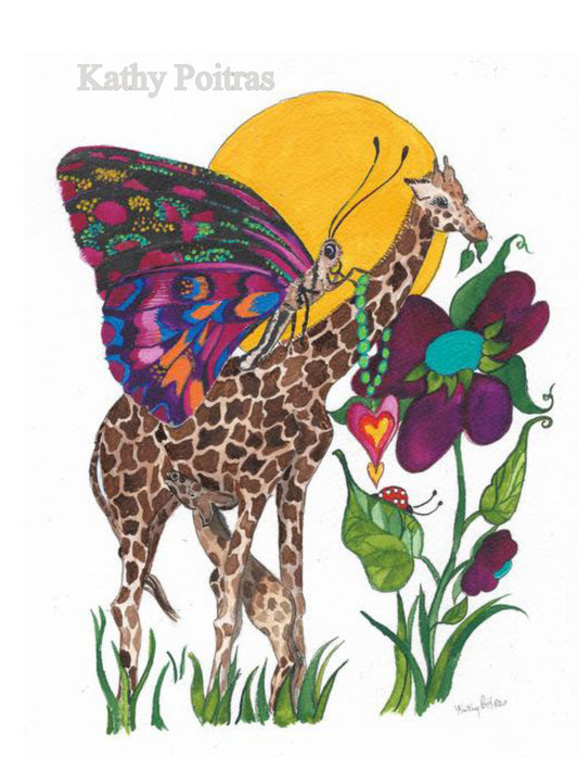 Nursery Wall art of a Mommy and Baby Giraffe with a Giant Butterfly. 