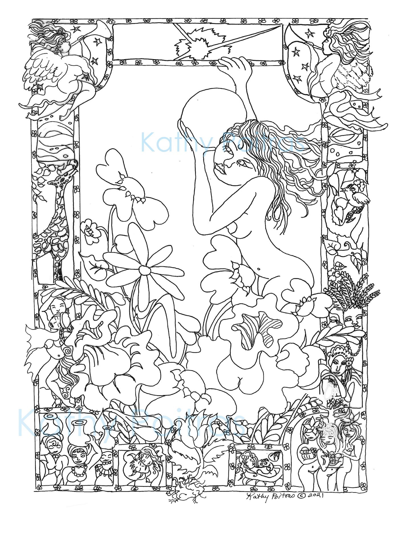 Color your own image of a Goddess ascending toward her own spiritual freedom. In a world full of vibrant fantasy flowers. Surrounded by a border that expresses the story of all the areas of life she touches.