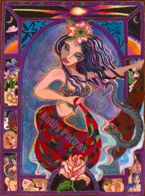 A beautiful lady dances on the back of an elephant. There is a border around the image creating an archway where she appears. A 12 x 16 inch, mixed media very fine embroidery and acrylic paint. Kathy's self taught style is reminiscent of Marc Chagall and Gustav Klimt