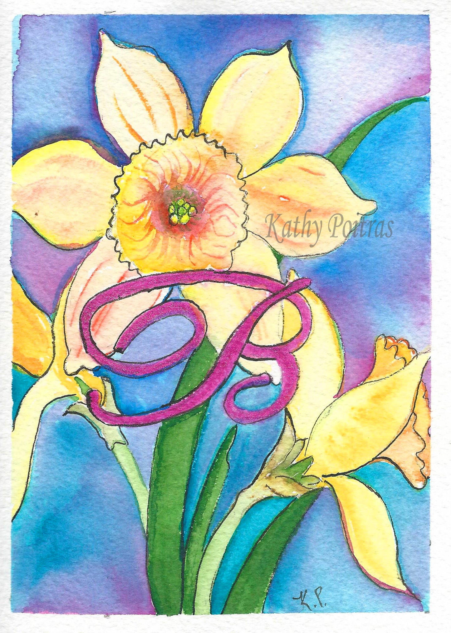 Personalized letter B Birthday Card, Mother's Day Card, of Daffodils
