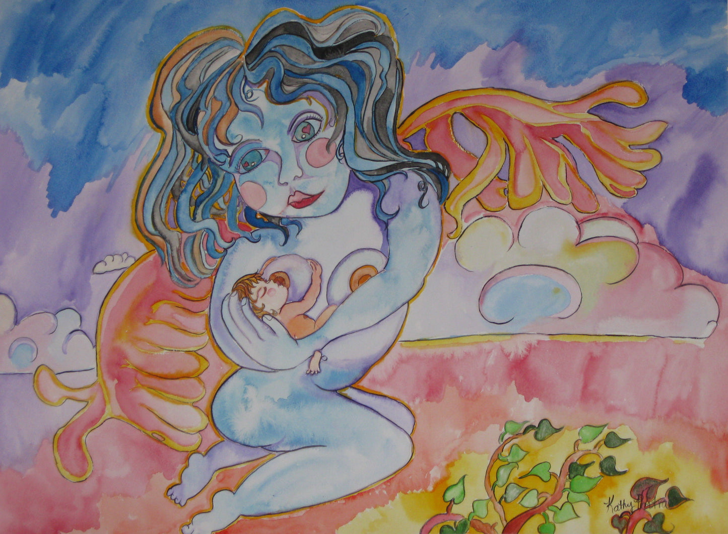 Naïve painting of a young mother angel nursing a new tiny baby while flying above the clouds.