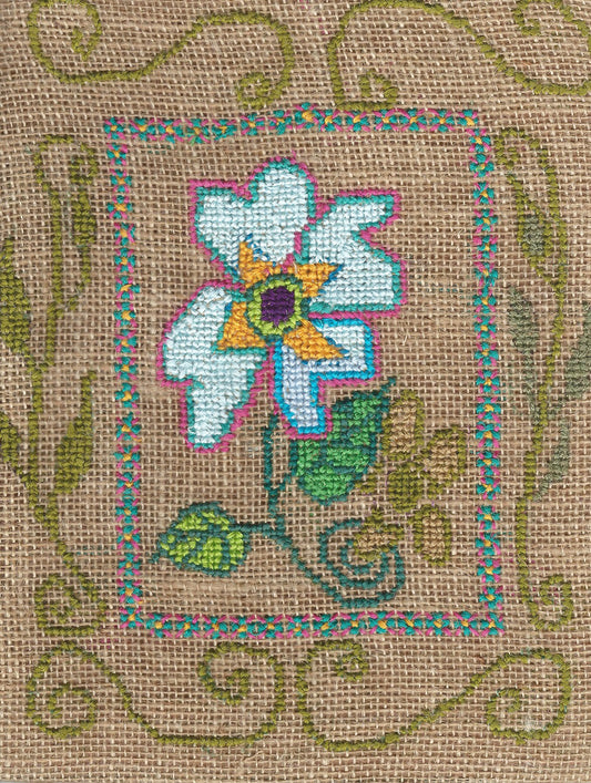 The original art is 8.5 x 11 inches, cross stitch on burlap. Inspired by a tint blue Forget Me Not Blossom. 