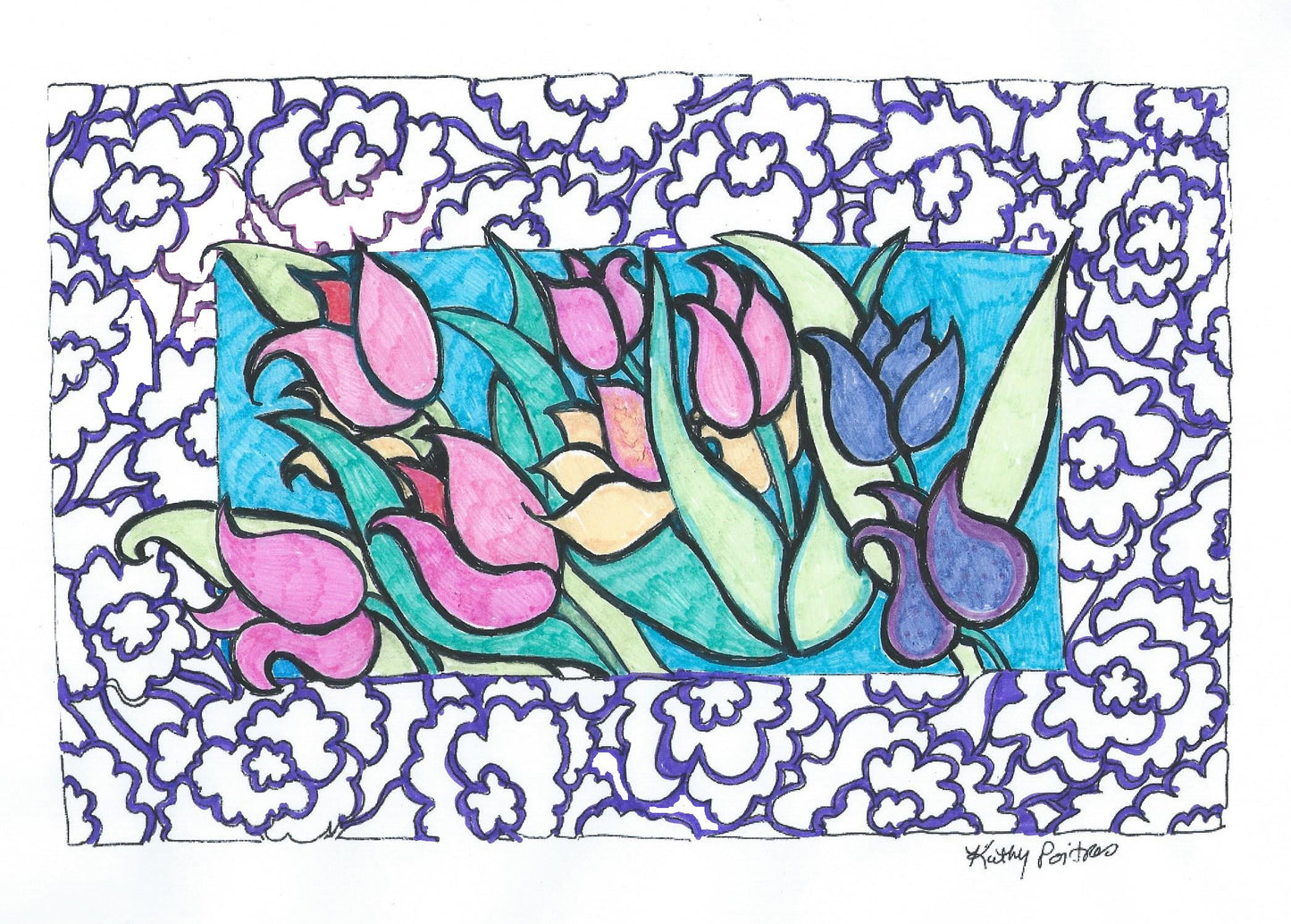 color your own group of tulips Extra Large 8.5 x 11 inch Birthday or Greeting Card
