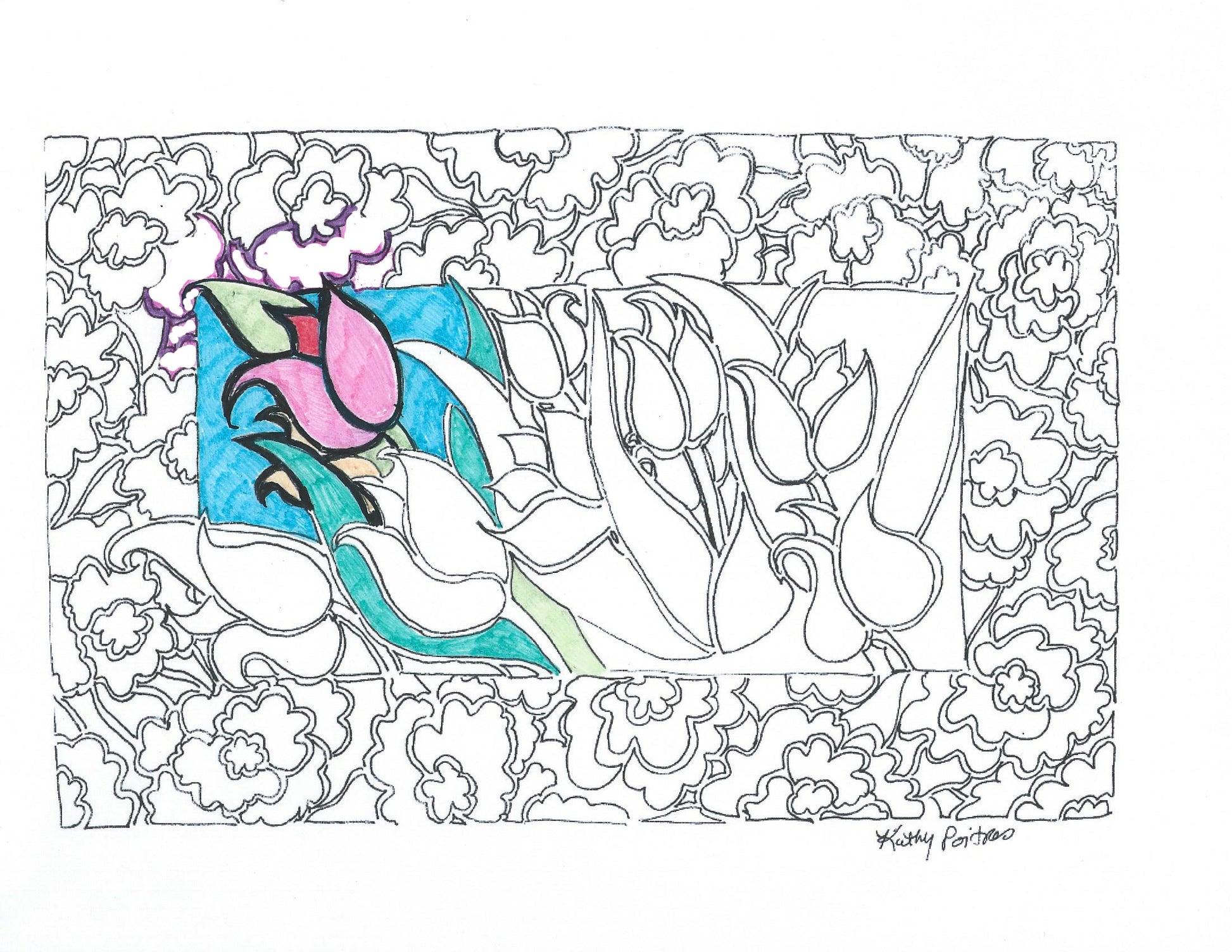Enjoy coloring a piece inspired by a group of tulips and stained glass. by artist Kathy Poitras.  
