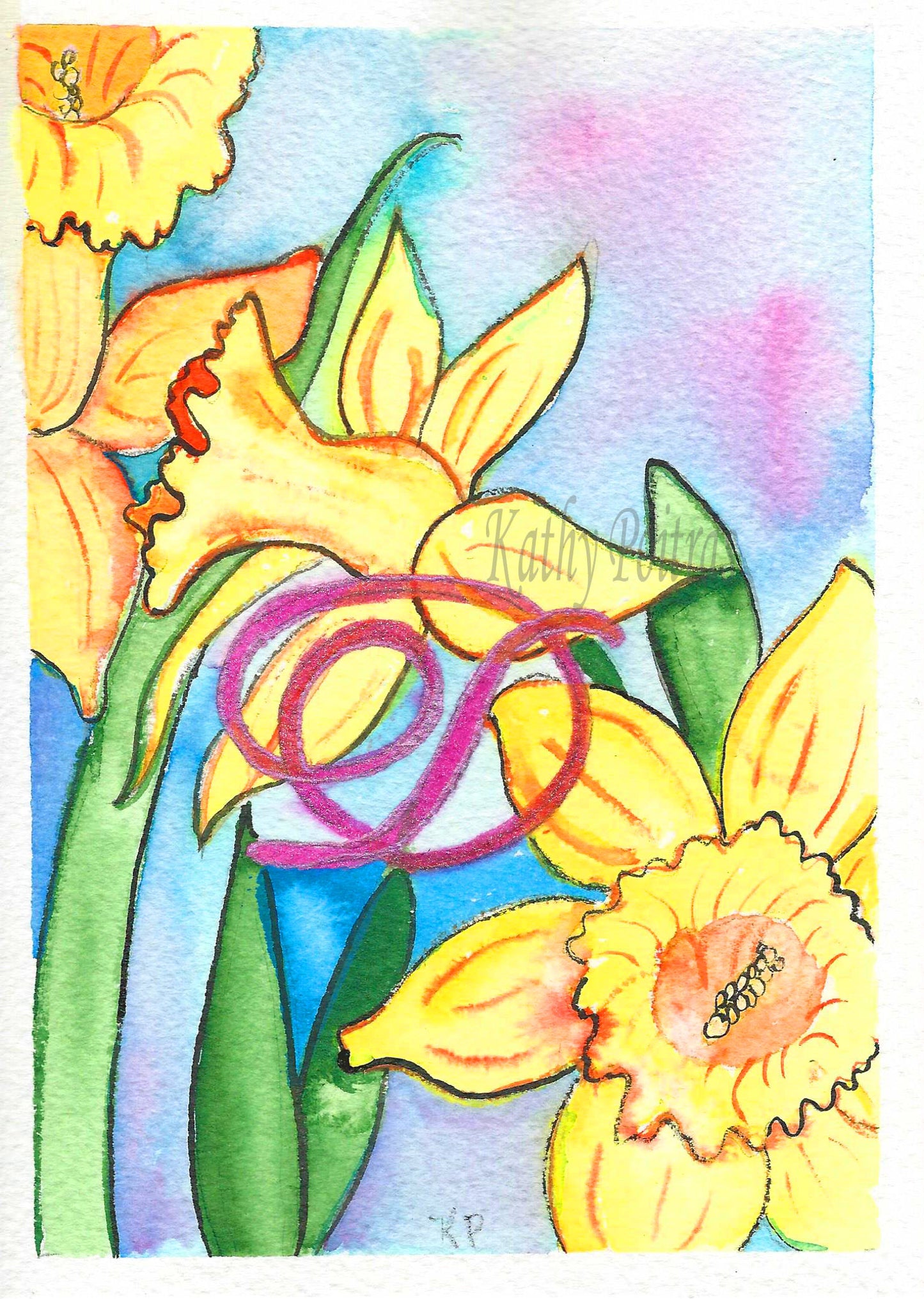 Greeting Card, Birthday Card, Mothers Day Card, Daffodils inspired by the birth flower of the month for March. Watercolor and ink. This greeting card is an individual painting, watercolor and ink painted on arches 100% cotton paper. personalized with a fancy letter D as part of the painting. by artist Kathy Poitras.
