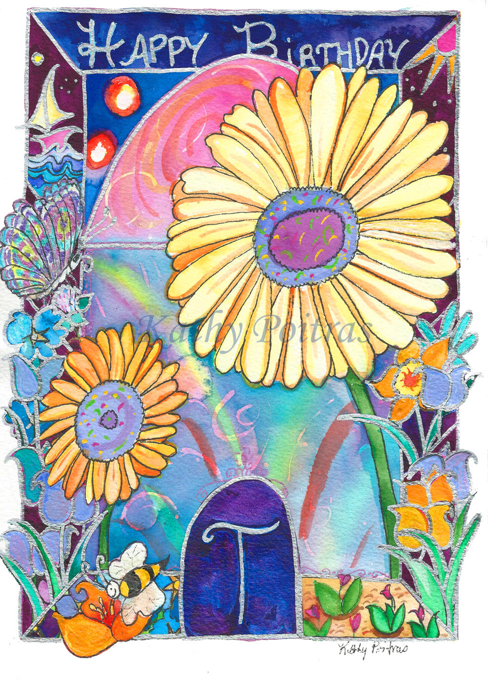 Personalized flower of the month April, Happy Birthday Card. Daisies and the letter T. A cheerful whimsical cathedral with celebratory bursting rainbows featuring the letter T, and daisies. Surrounded by a border with naïve images expressing and celebrating loosely the life of tulips. Happy Birthday is written on the top.