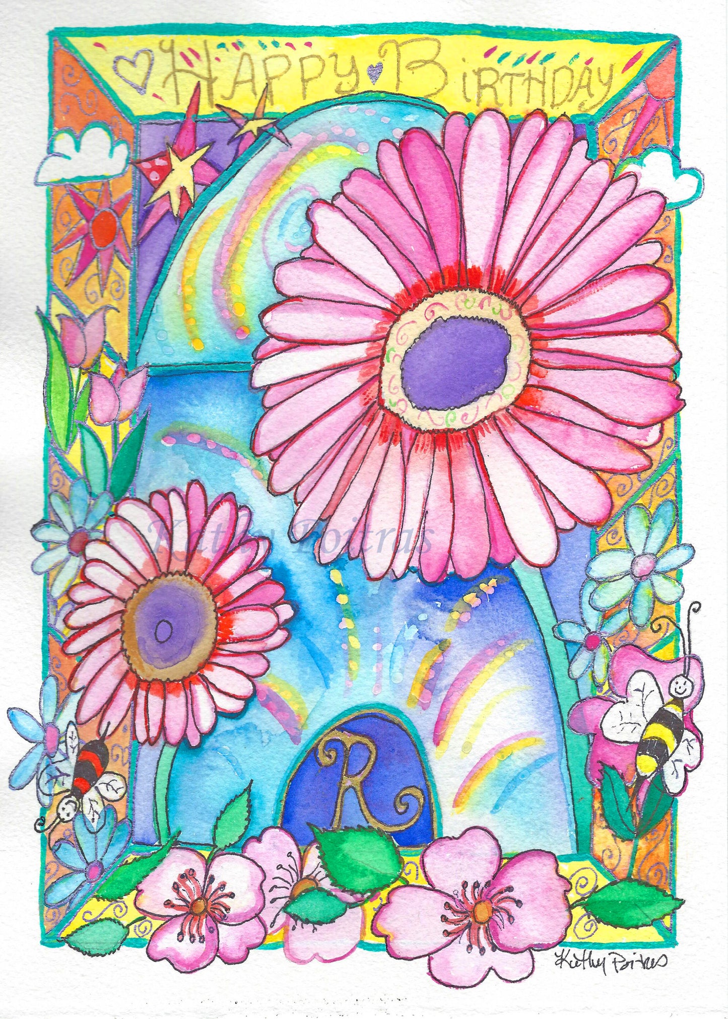Personalized flower of the month April, Happy Birthday Card. Daisies and the letter R. . A cheerful whimsical cathedral featuring the letter R, and daisies. Surrounded by a border of life. With wild roses at the bottom.