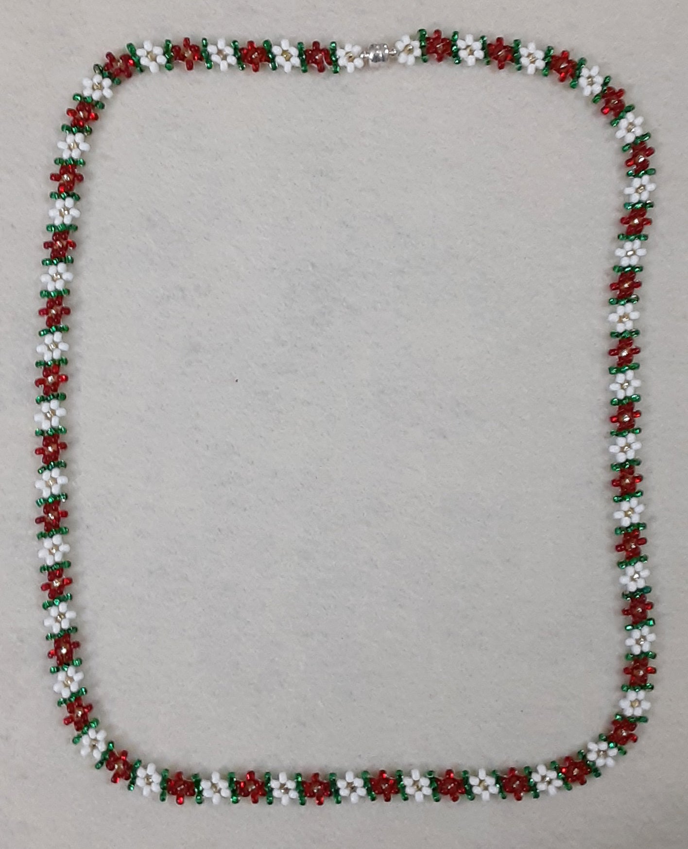 Beaded daisy chain necklace red and white flowers with gold centers