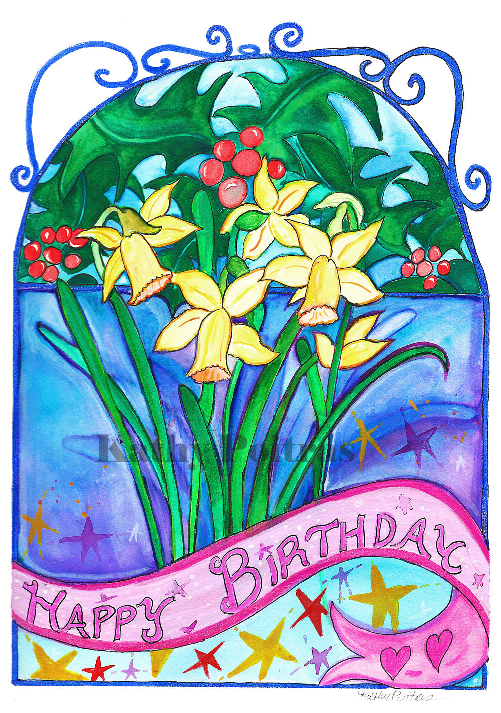 Birthday card, in the naïve folk art style by Kathy Poitras. Inspired by the Narcissus and Holly, birth flowers of the month for December. Narcissus and Holly with a stain glass inspired background. There are swirls and hearts and a swirly celebratory ribbon that says HAPPY BIRTHDAY with stars.