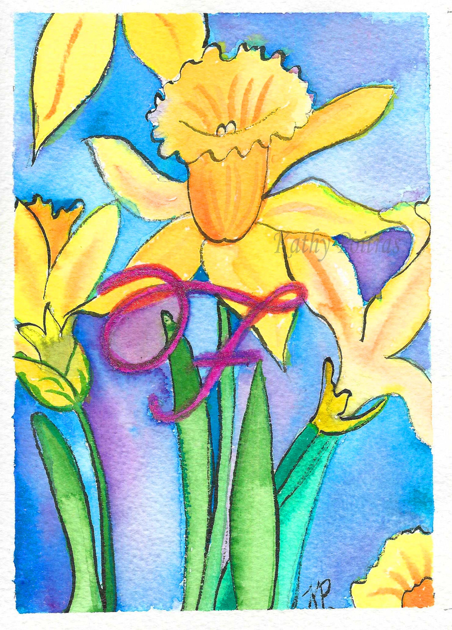Greeting Card, Birthday Card, Mothers Day Card, Daffodils are the flower of the month for March. This flower of the month card is personalized with a fancy letter F. by artist Kathy Poitras